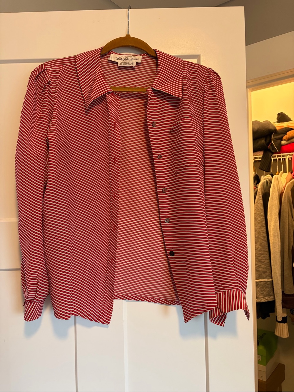 Saks Fifth Avenue Red and White Striped Button-Down Blouse 100% Silk